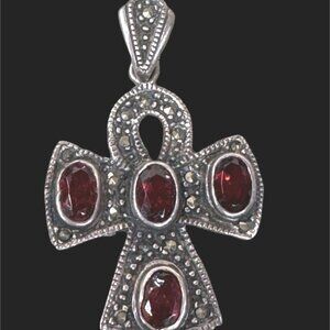 Vintage Marcasite Garnet Cross Pendant Sterling Silver Antique Religious 1"